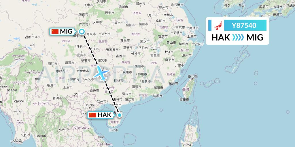 Y87540 Yangtze River Express Flight Map: Haikou to Mianyang