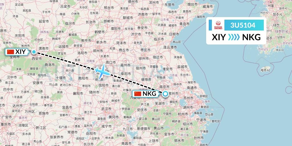 3U5104 Sichuan Airlines Flight Map: Xi'an to Nanjing