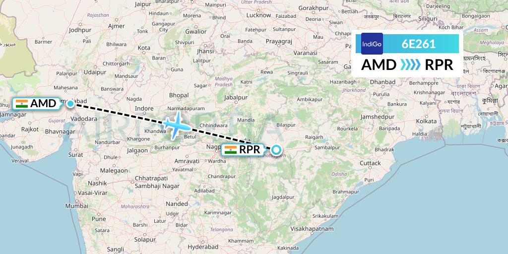 6E261 IndiGo Airlines Flight Map: Ahmedabad to Raipur