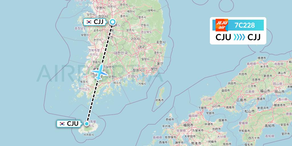 7C228 Jeju Air Flight Map: Jeju to Cheongju