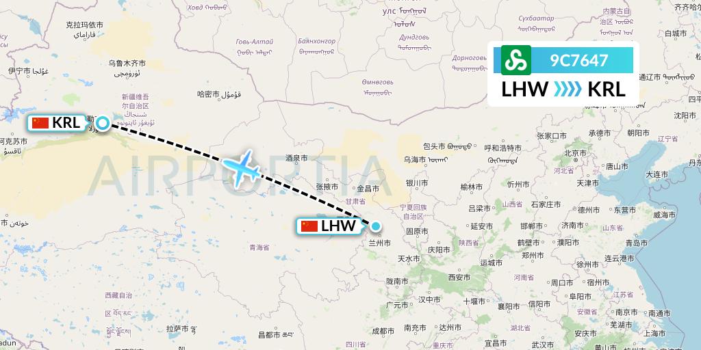 9C7647 Spring Airlines Flight Map: Lanzhou to Korla