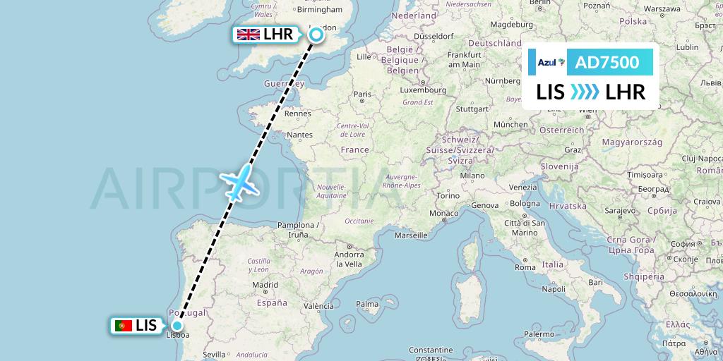 AD7500 Azul Brazilian Airlines Flight Map: Lisbon to London