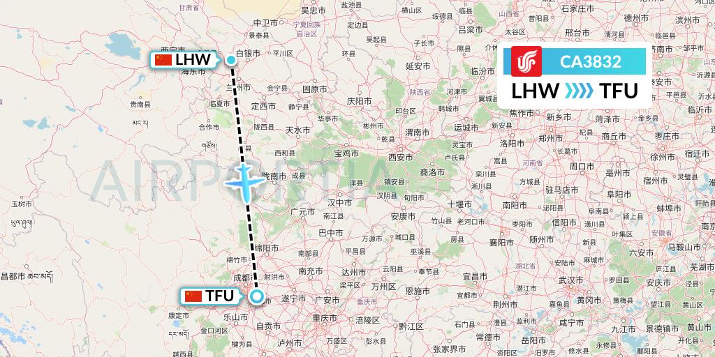CA3832 Air China Flight Map: Lanzhou to Chengdu