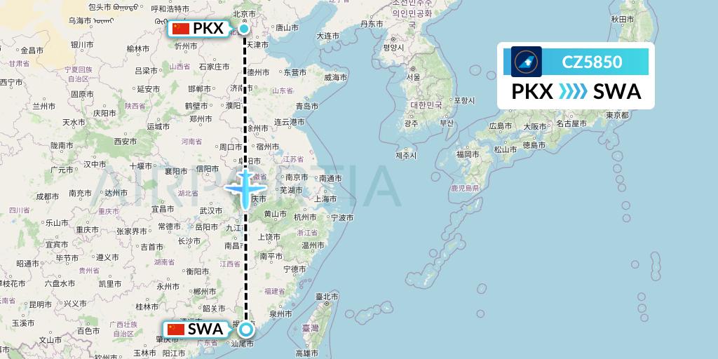 CZ5850 China Southern Airlines Flight Map: Beijing to Jieyang