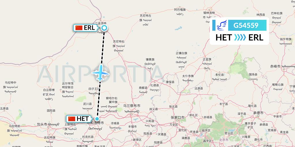 G54559 China Express Airlines Flight Map: Hohhot to Erenhot