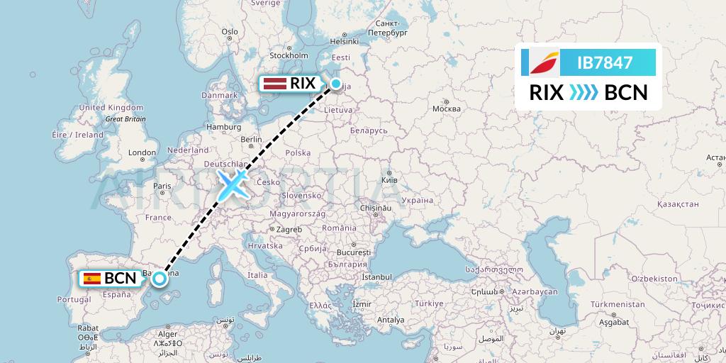 IB7847 Iberia Flight Map: Riga to Barcelona