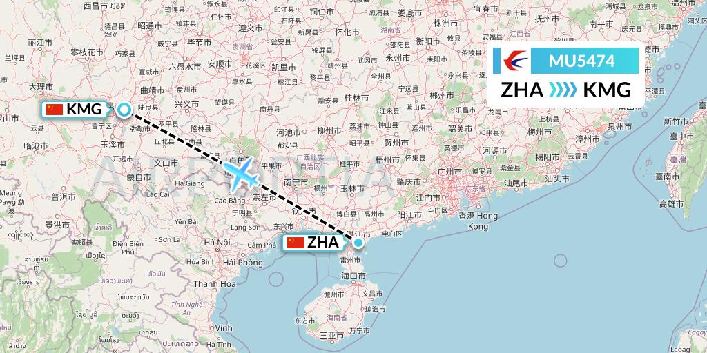 MU5474 China Eastern Airlines Flight Map: Zhanjiang to Kunming