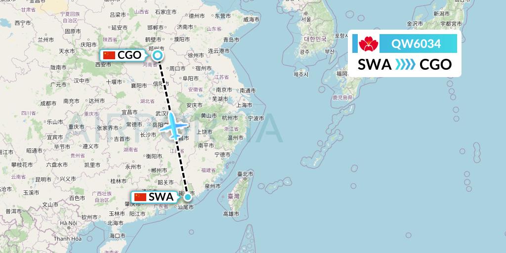 QW6034 Qingdao Airlines Flight Map: Jieyang to Zhengzhou
