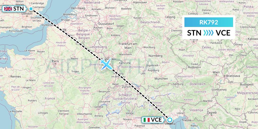 RK792 Ryanair UK Flight Map: London to Venice