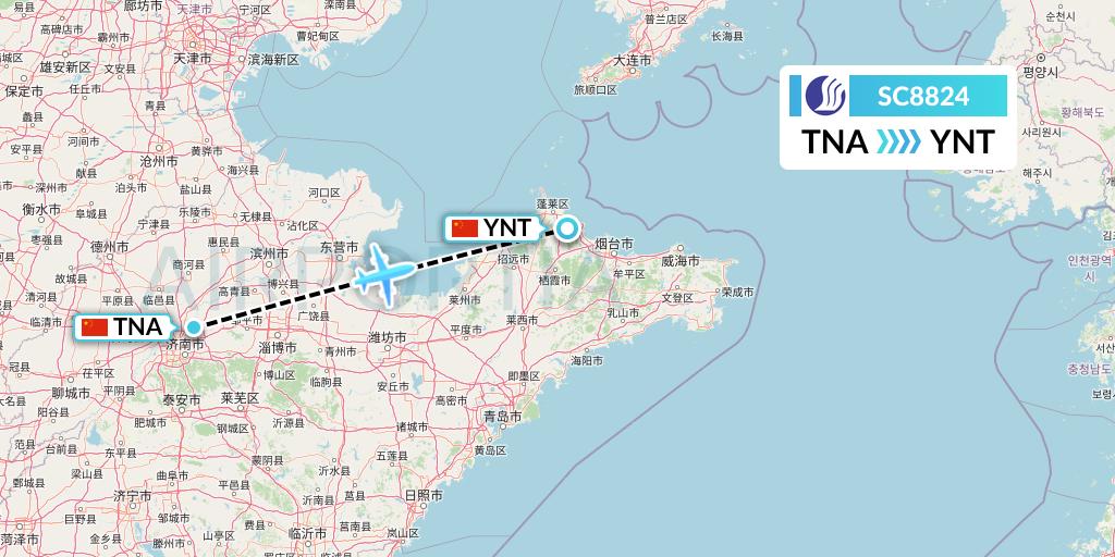 SC8824 Shandong Airlines Flight Map: Jinan to Yantai