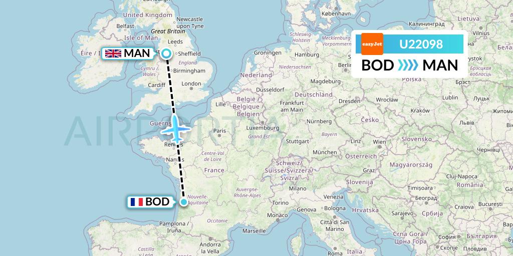 U22098 EasyJet Flight Map: Bordeaux to Manchester