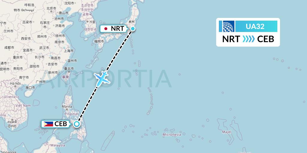 UA32 United Airlines Flight Map: Tokyo to Cebu