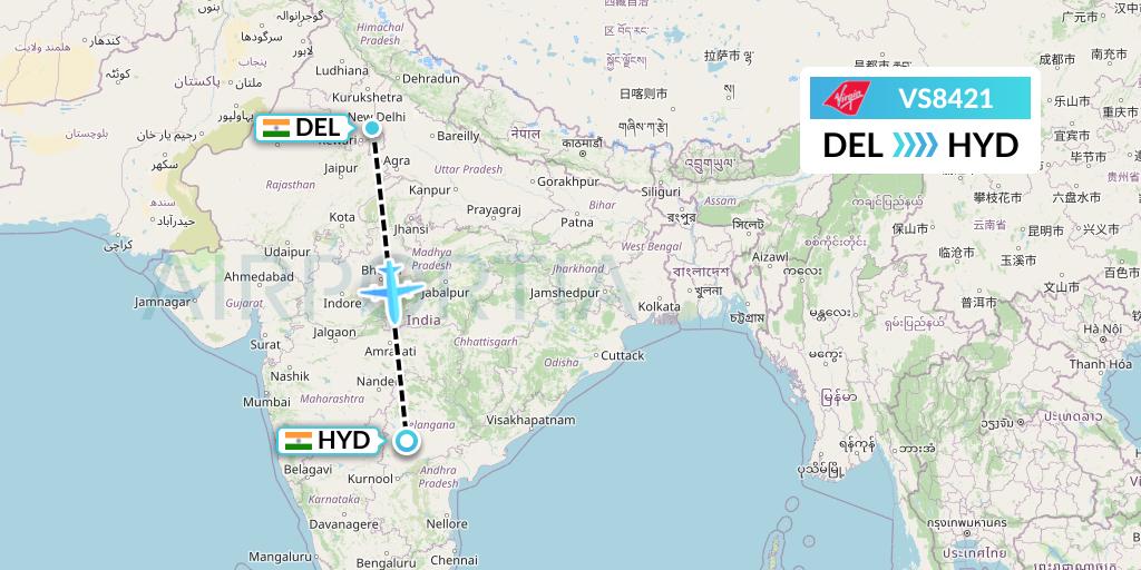 VS8421 Virgin Atlantic Airways Flight Map: Delhi to Hyderabad