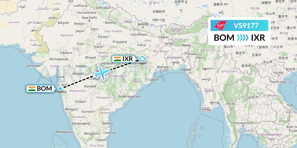 VS9177 Virgin Atlantic Airways Flight Map: Mumbai to Ranchi