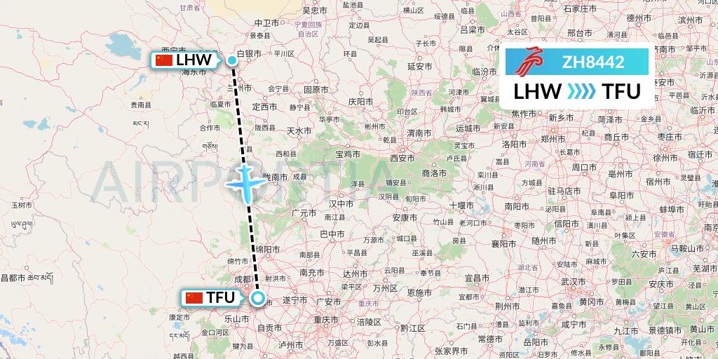 ZH8442 Shenzhen Airlines Flight Map: Lanzhou to Chengdu
