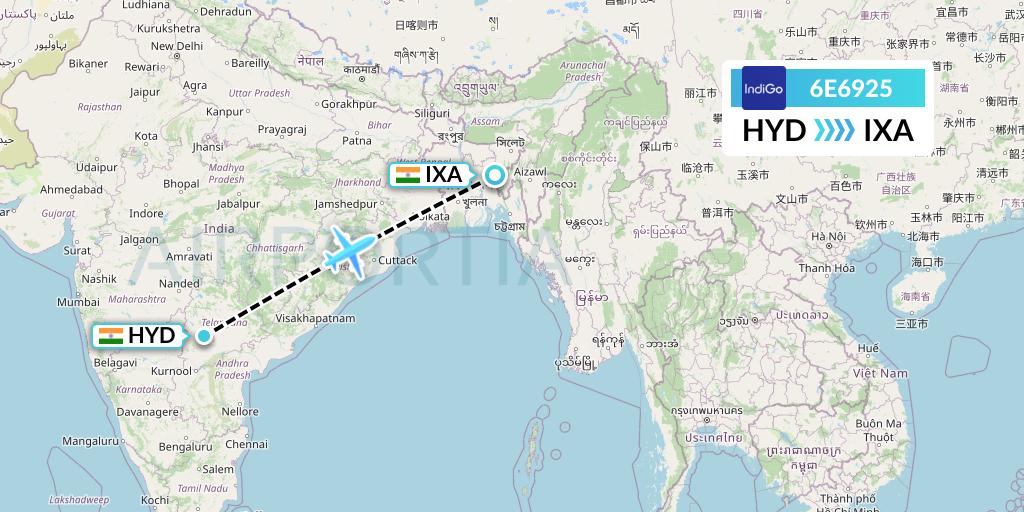 6E6925 IndiGo Airlines Flight Map: Hyderabad to Agartala