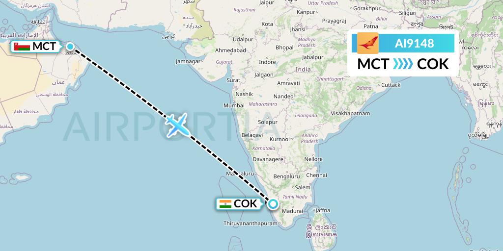 AI9148 Air India Flight Map: Muscat to Cochin