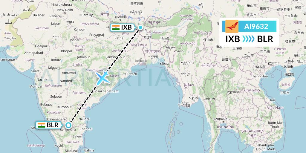 AI9632 Air India Flight Map: Siliguri to Bangalore
