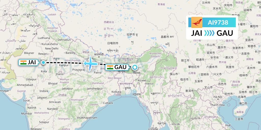 AI9738 Air India Flight Map: Jaipur to Guwahati