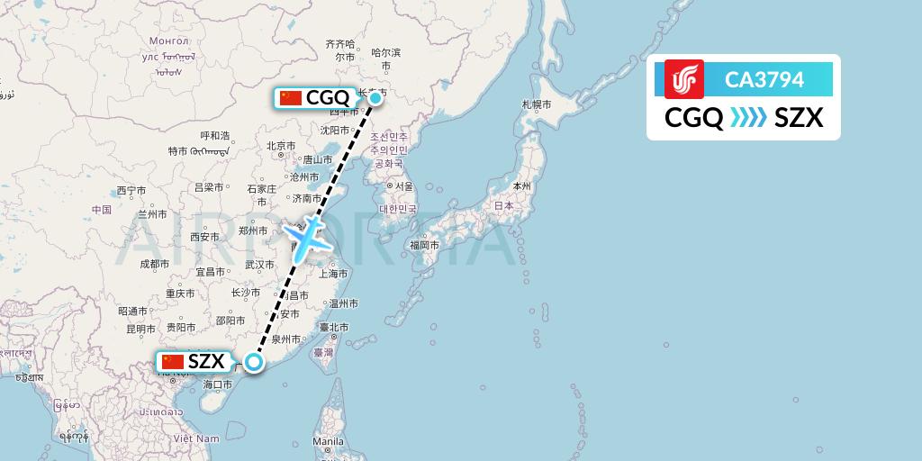 CA3794 Air China Flight Map: Changchun to Shenzhen