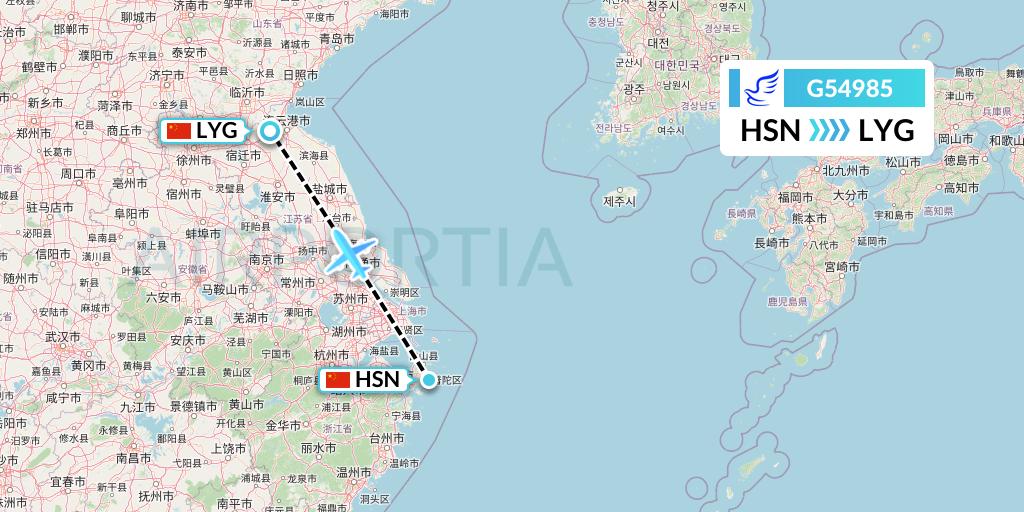 G54985 China Express Airlines Flight Map: Zhoushan to Lianyungang