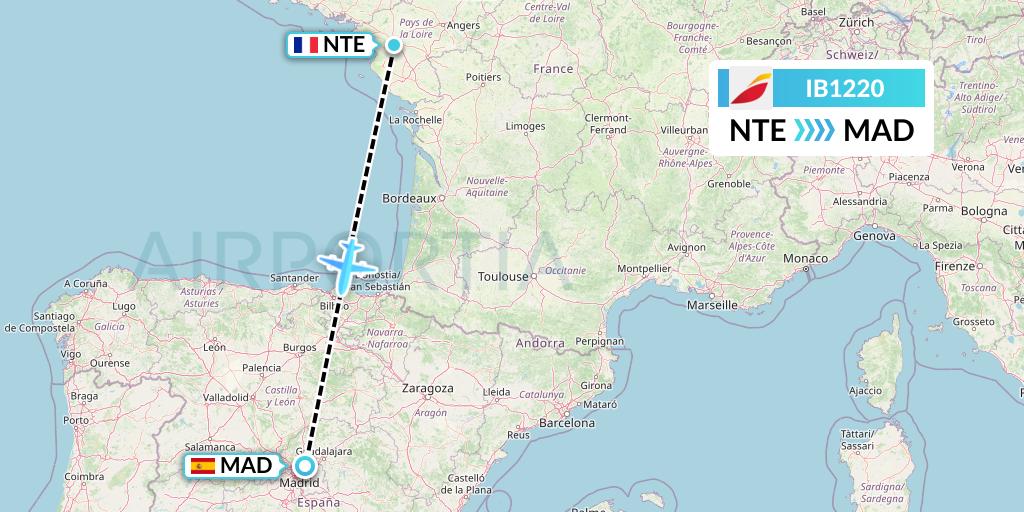 IB1220 Iberia Flight Map: Nantes to Madrid