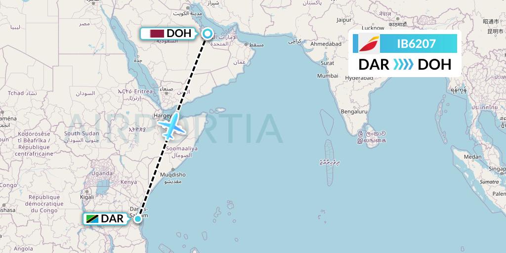 IB6207 Iberia Flight Map: Dar-es-Salaam to Doha