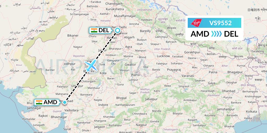 VS9552 Virgin Atlantic Airways Flight Map: Ahmedabad to Delhi