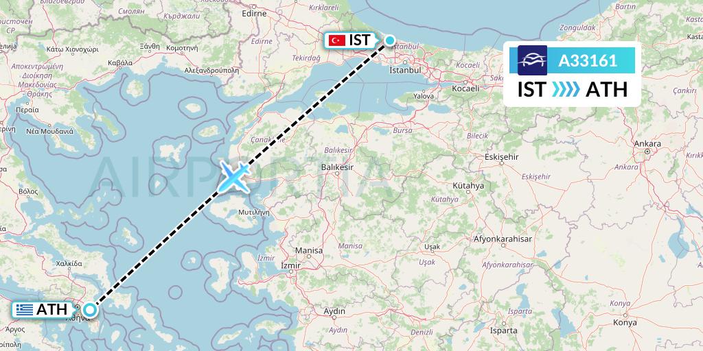 A33161 Aegean Airlines Flight Map: Istanbul to Athens
