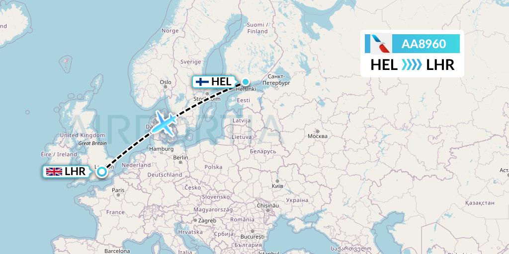 AA8960 American Airlines Flight Map: Helsinki to London