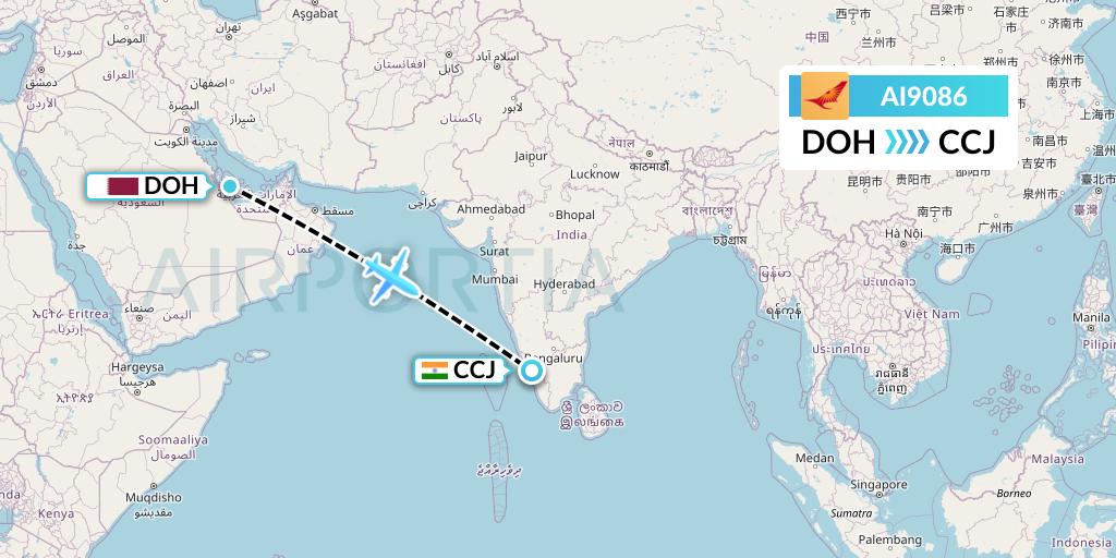 AI9086 Air India Flight Map: Doha to Kozhikode