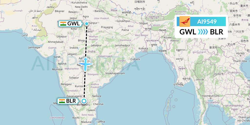 AI9549 Air India Flight Map: Gwalior to Bangalore