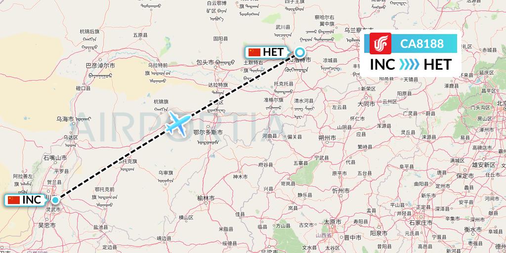 CA8188 Air China Flight Map: Yinchuan to Hohhot