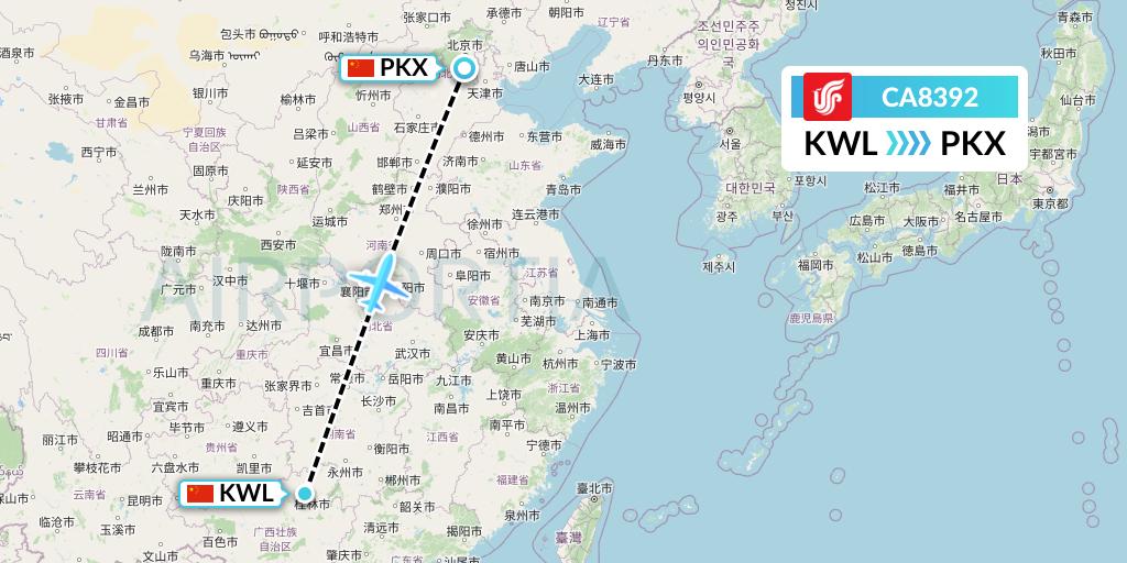 CA8392 Air China Flight Map: Guilin to Beijing