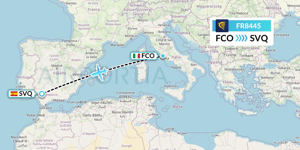FR8445 Ryanair Flight Map: Rome to Seville