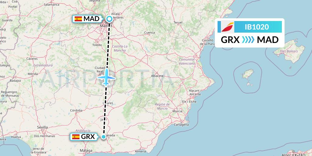 IB1020 Iberia Flight Map: Granada to Madrid