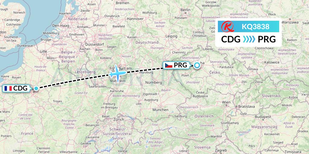 KQ3838 Kenya Airways Flight Map: Paris to Prague