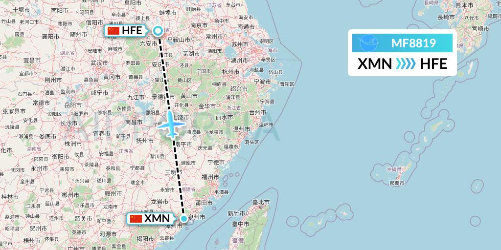 MF8819 Xiamen Airlines Flight Map: Xiamen to Hefei
