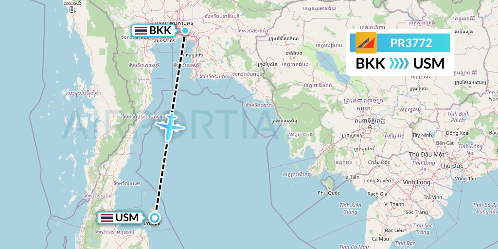PR3772 Philippine Airlines Flight Map: Bangkok to Koh Samui