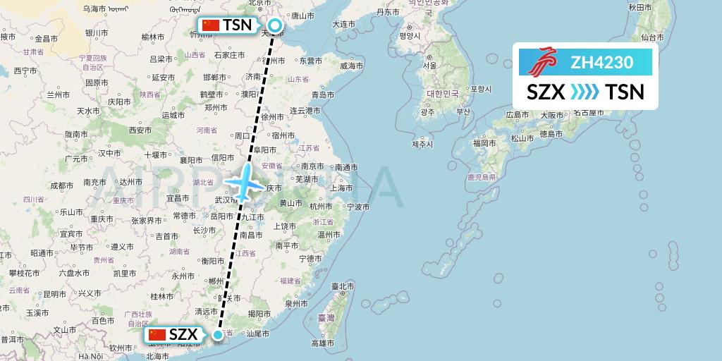 ZH4230 Shenzhen Airlines Flight Map: Shenzhen to Tianjin