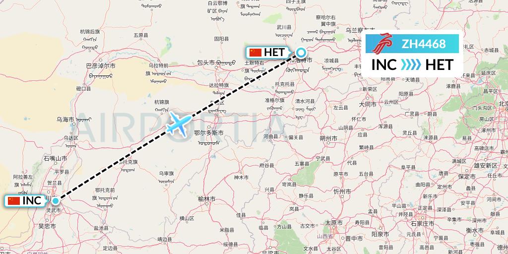 ZH4468 Shenzhen Airlines Flight Map: Yinchuan to Hohhot