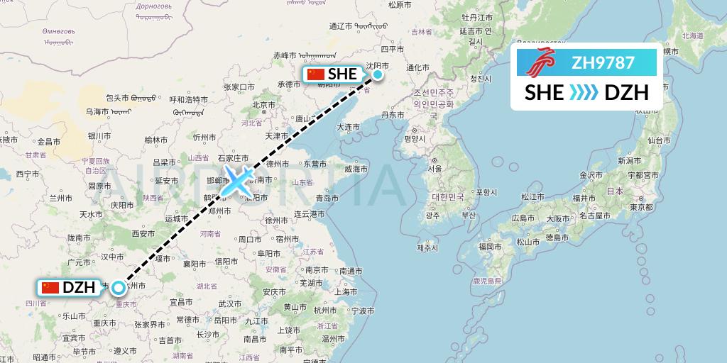 ZH9787 Shenzhen Airlines Flight Map: Shenyang to Dazhou