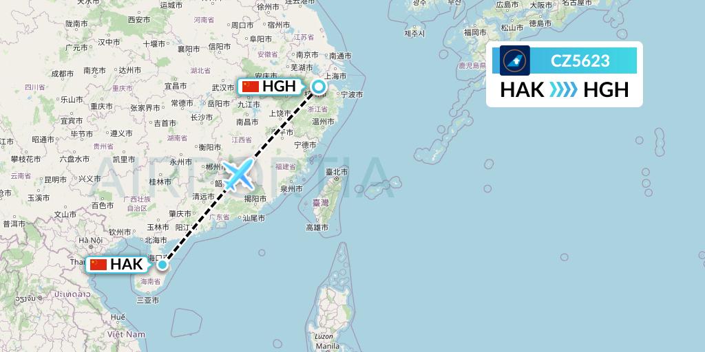 CZ5623 China Southern Airlines Flight Map: Haikou to Hangzhou