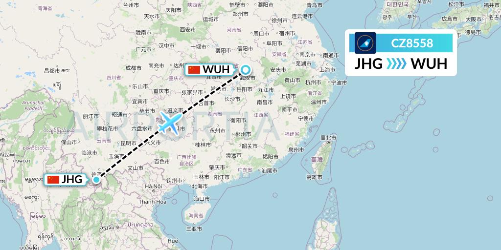 CZ8558 China Southern Airlines Flight Map: Jinghong to Wuhan