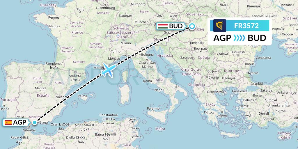 FR3572 Ryanair Flight Map: Malaga to Budapest