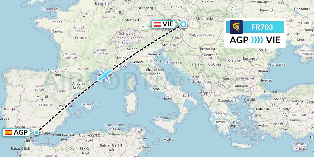 FR703 Ryanair Flight Map: Malaga to Vienna
