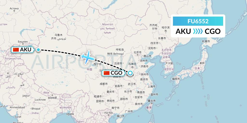 FU6552 Fuzhou Airlines Flight Map: Aksu to Zhengzhou