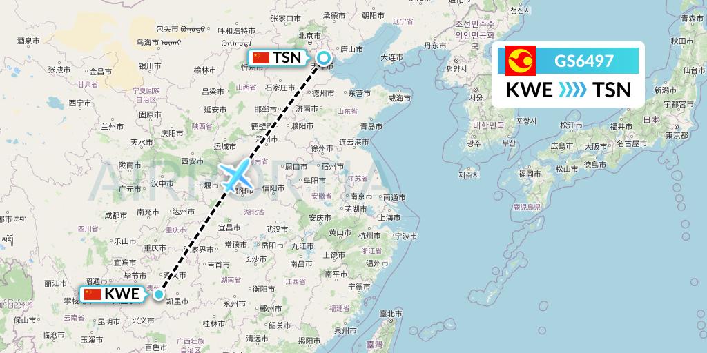 GS6497 Tianjin Airlines Flight Map: Guiyang to Tianjin