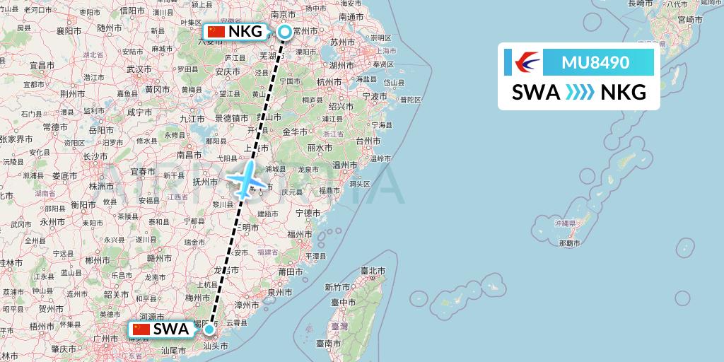 MU8490 China Eastern Airlines Flight Map: Jieyang to Nanjing