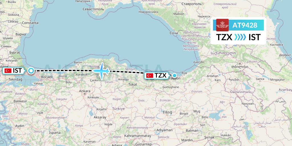 AT9428 Royal Air Maroc Flight Map: Trabzon to Istanbul